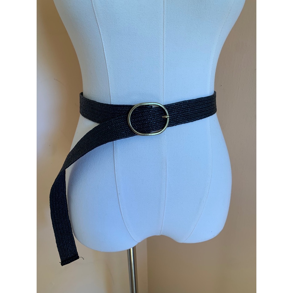 Old Navy Womens Woven Straw Belt Black Gold Oval Buckle Boho Stretchy